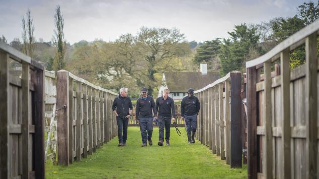 Four people chat and walk on the outskirts of a paddock.